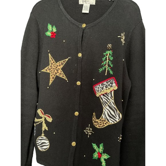 K.I.K.I.T Maurice Sasson Holiday Christmas Cardigan Sweater Vintage Stocking, Or - Picture 3 of 6